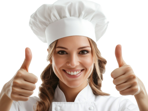 smiling female chef showing thumbs up isolated PNG