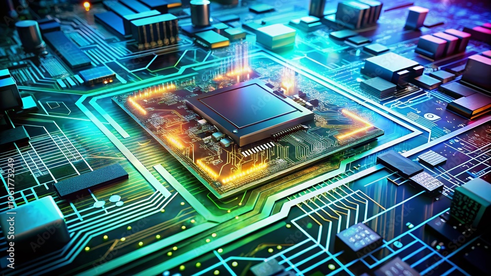 Poster double exposure circuit board technology with central computer processors and motherboard digital ch