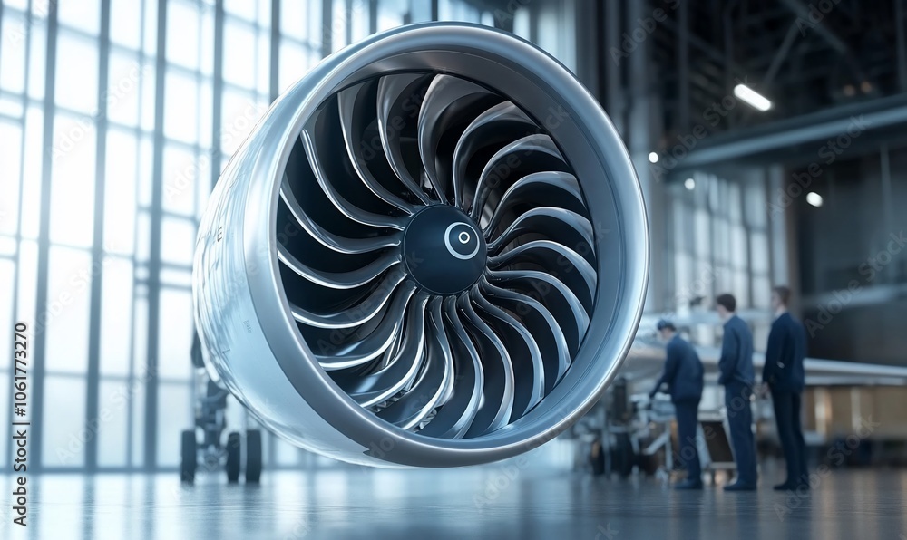 Aufkleber a close-up of a large jet engine with a group of men standing in the background in a hangar.