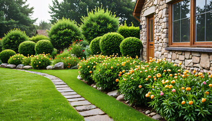 Obraz premium Jardin fleuri avec sentier en pierre