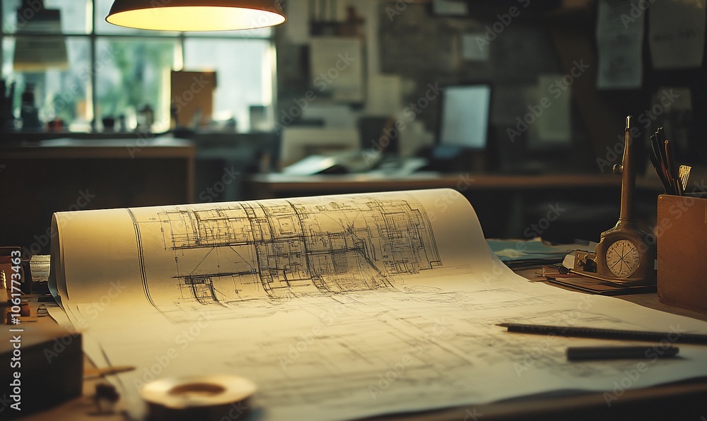 Poster a close-up of a blueprint on a wooden desk in an architect's office with a pencil and a vintage cloc