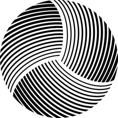 A circular design divided into three equal sections, each filled with curved parallel lines that create a dynamic swirling effect, resembling a three-part pinwheel or turbine pattern. Vector icon.