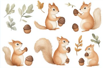 Naklejka premium The cute watercolor squirrel illustrations in this collection gather acorns in a playful manner 