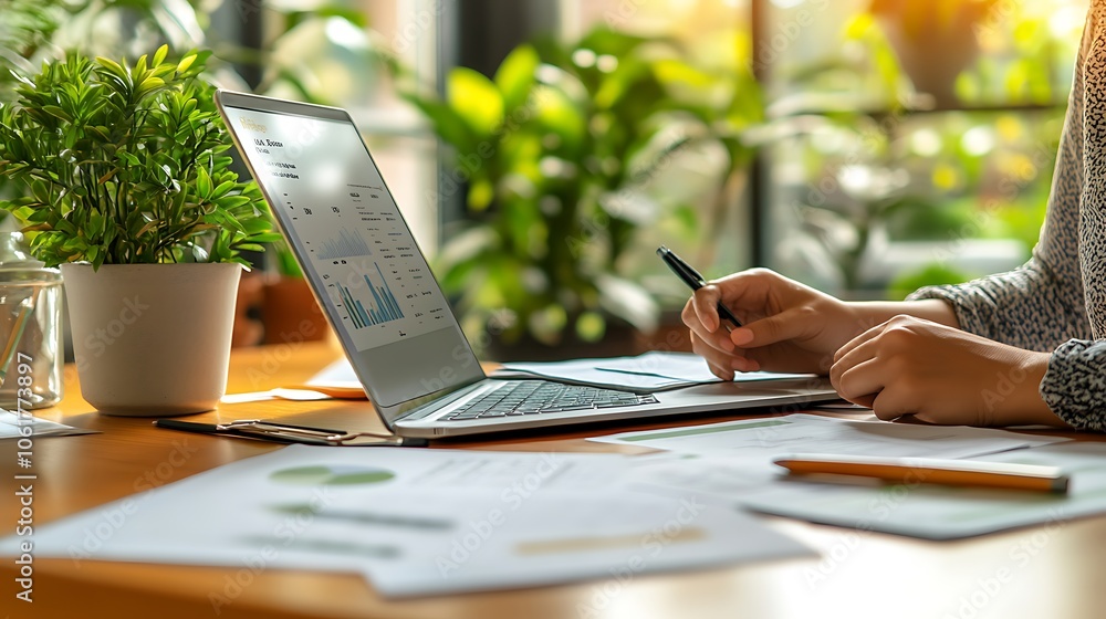 Poster a person analyzing data on a laptop surrounded by plants and documents in a workspace.