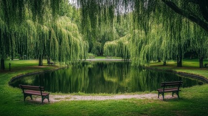 Obraz premium Serene pond surrounded by willow trees and benches background