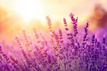 Naklejka premium Watercolor lavender field. Sunset lavender field. Violet background. France Provence. Spring summer postcard banner. Fragrant flowers. Aroma 