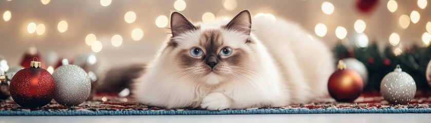A fluffy cat rests among colorful ornaments, surrounded by twinkling lights, capturing the warmth and charm of the holiday season.