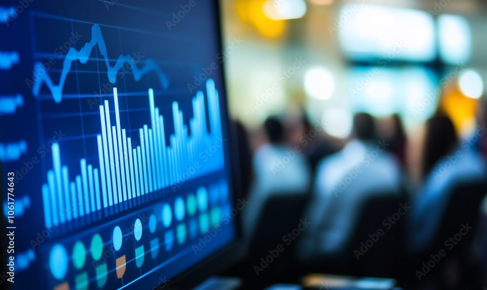 Aufkleber A close-up shot of a computer screen displaying a financial chart with blurred images of people in the background.