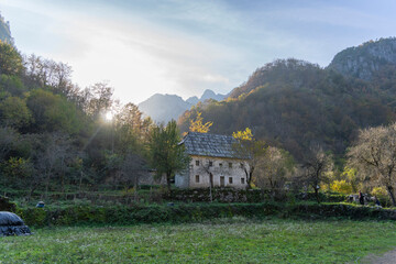 Albania Alps. Theth village old stone alpine houses