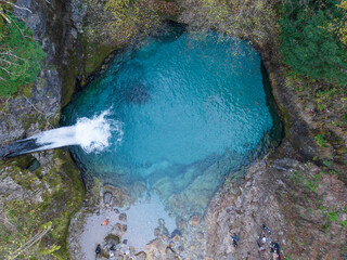 Albania Alps. Theth village autumn colors, Theth blue eye river