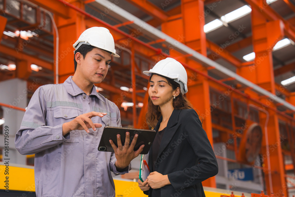 Wall mural a female expertise engineering manager or inspector and mechanic or technician are checking or exami