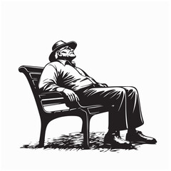 Elderly Man Resting On Park Bench Stock Vector isolated on white background.