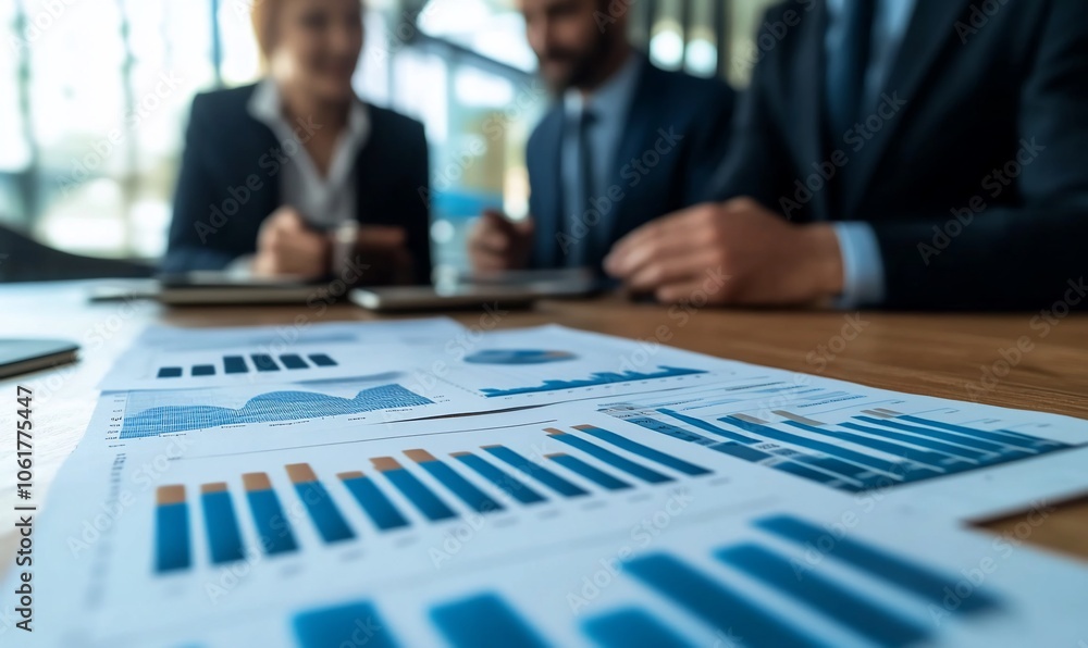 Aufkleber a close-up view of a table with financial reports and blurred business people in the background.