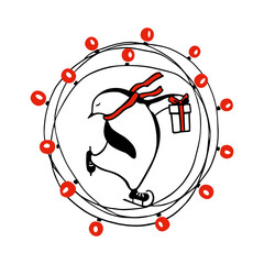 Vector emblem with hand drawn cute penguin with gift box skating on ice in festive garland. Ink drawing, funny Christmas or New Year illustration, beautiful winter design elements