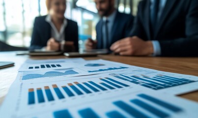 A close-up view of a table with financial reports and blurred business people in the background.
