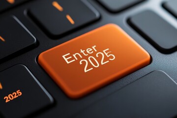Orange enter 2025 key on black keyboard is glowing