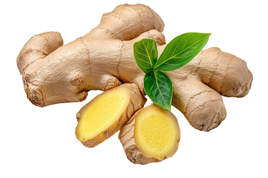 Fresh Ginger Root with Green Leaves and Slices