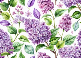 Fototapeta premium Elegant Purple Lilac Floral Wreath Seamless Pattern - Minimalist Botanical Watercolor Design on Transparent Background for Luxury Decor and Stationery