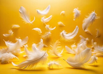 Elegant Surreal Composition of White Feathers on Vibrant Yellow Background for Minimalist Art and Design