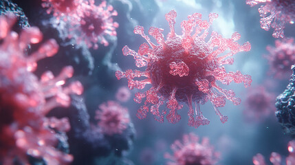 Fototapeta premium 3D model of the virus with detailed structure, including surface spikes, capsid and genetic material, rendered in vibrant colors for visualization, ideal for scientific and educational purposes