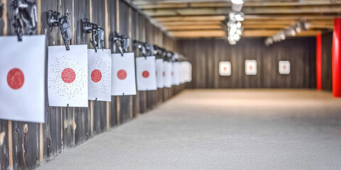 A row of paper targets against the background of an empty shooting range. Shooting training, military training