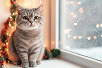 A cute gray cat sits by a window, decorated with holiday lights, as snowflakes fall outside, creating a cozy winter atmosphere.