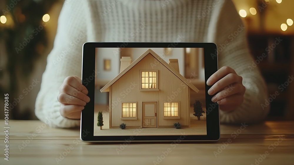 Poster a person holds a tablet displaying a 3d model of a wooden house with illuminated windows.