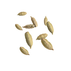 Levitation of flying cardamom or cardamum spice made from the seeds isolated on white background...
