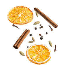 Levitation of flying mulling spices mixture consists of brown cinnamon sticks, dried orange citrus...