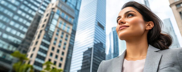 Beautiful elegant young woman businesswoman on the background of a skyscraper. Modern businesswoman entrepreneur