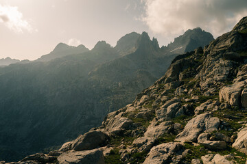 Mountain lake Lac de Mar in Aiguestortes and Sant Maurici National Park, GR11 long-distance hiking...