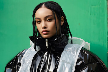 A woman in a black jacket with a white hood is standing in front of a green wall