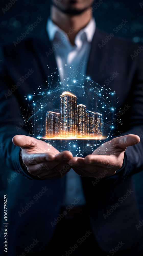 Poster Businessman presenting a futuristic glowing model of a building with data connections, symbolizing innovation and smart city development