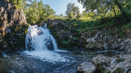 Naklejka premium Serene waterfall cascading through lush greenery in a tranquil forest setting