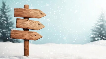 Fototapeta premium Wooden directional signpost in a snowy landscape with flurries, surrounded by evergreen trees, evoking a sense of adventure and exploration.
