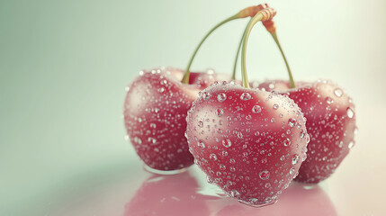 A sophisticated 3D image showing a few plump cherries with crystal-clear water droplets on their surface, suspended against a solid, muted background 