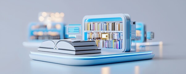 Futuristic 3D bookshelf with blue lighting and glowing book icon.