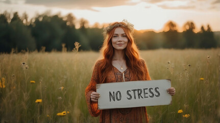 woman with sign that reads 'No Stress'