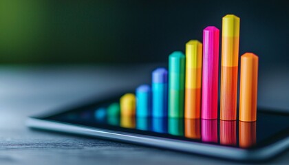 Obraz premium Digital Tablet Bar Chart Showing Upward Trends - Close-Up Shot on White Background