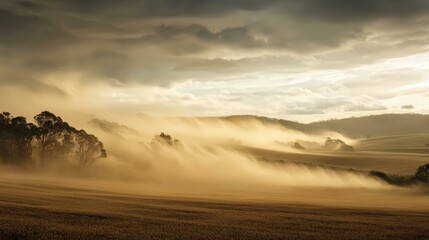 Obraz premium Dust Storm Rolling Through a Field at Sunset, Creating a Dramatic and Eerie Landscape