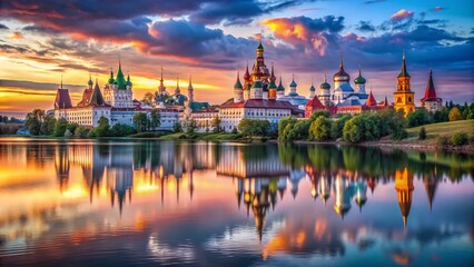 Obraz premium Evening Serenity at Izmailovsky Kremlin: Reflections in the Lake, Capturing the Beauty of Twilight and Architectural Splendor in Moscow’s Iconic Landmark