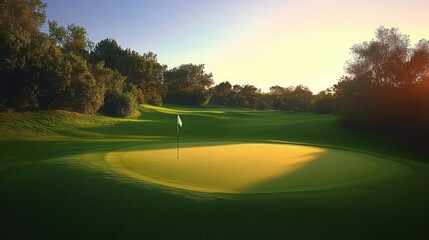 Naklejka premium A serene golf course scene with a sunlit green, showcasing a sand trap and lush surroundings, perfect for golf enthusiasts.
