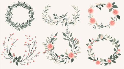 A set of vector illustrations featuring botanical wreaths composed of wild and garden plants.