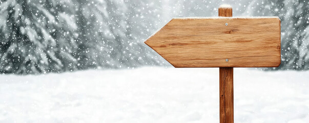 Naklejka premium Wooden signpost blank canvas in snowy landscape, surrounded by evergreen trees, offering a wintery perspective, perfect for directional prompts.