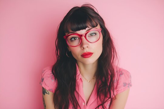 Portrait of a sexy petite pinup model with red lips and red glasses in a pink blouse, isolated on a pink background. Has a tattoo. Very stylish.