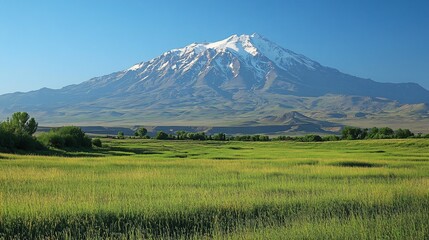 Fototapeta premium A majestic snow-capped mountain stands tall against a clear blue sky, overlooking a vast expanse of lush green grassland.