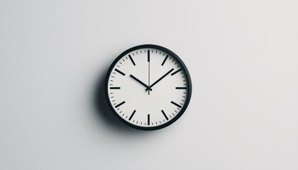 Simplicity in Time: Minimalist Clock on White Wall Emphasizing Time Management with Shadows, Focus on Minimalism