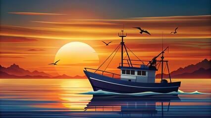 Fototapeta premium Fishing Boat Silhouette Icon - Vector Outline Illustration for Seafood Graphics, Culinary Vessels, Ocean Fishing, Marine Life, Nautical Art, Coastal Cuisine, and Watercraft Design