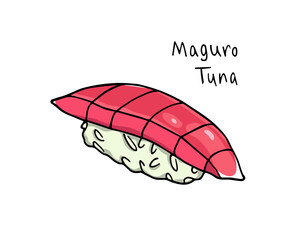 Vector illustration of hand drawn nigiri sushi with tuna slice. Beautiful food design elements, perfect for any business related to the food industry.