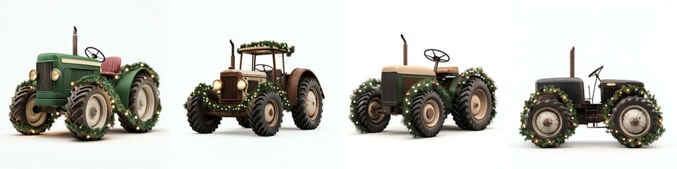 Obraz premium Four vintage tractors on a white isolated background.